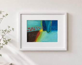 Œuvre abstraite encadrée originale – décoration murale moderne bleue et turquoise – petit format 21 x 30 cm