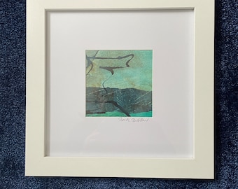 Abstract landscape on paper with frame, original small art gift, mixed media