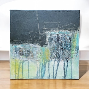 Abstract mixed media art on canvas | 30 x 30 x 4 cm | Textured image in shades of green and black | Original, unique piece | No frame required