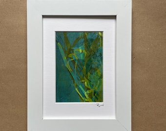 Plant print in green tones on paper with frame, original small art gift, unique