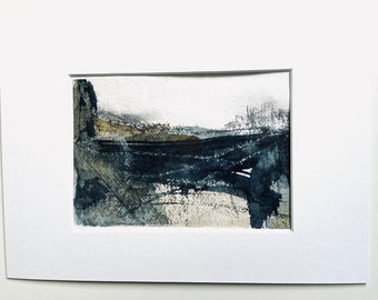 Abstract landscape on handmade paper, DIN A5 14.8 x 21 cm, original small art gift,