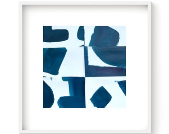 Maritieme afbeelding, moderne abstracte mixed media op papier met passe-partout, uniek, print 30 x 30 cm