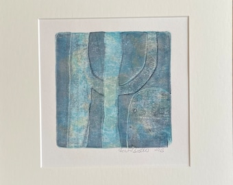 Turquoise-blue picture, modern abstract mixed media on paper with passe-partout, unique, print 30 x 30 cm