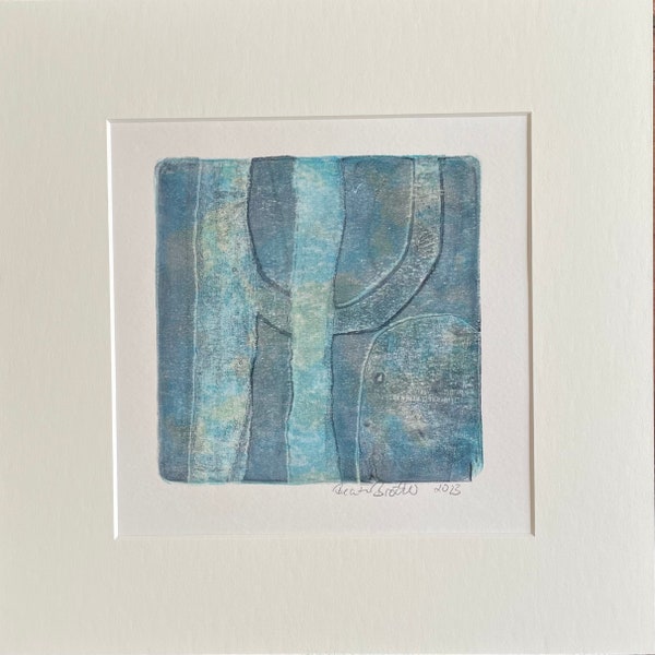 Turquoise-blue picture, modern abstract mixed media on paper with passe-partout, unique, print 30 x 30 cm