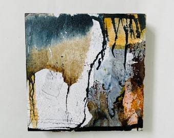 Abstract mixed media on wood l 15x15x 3 cm l Decoration for living room, hallway and office l ready to hang, Wabi Sabi