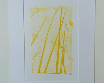 Plant print in ocher on paper with frame, original small art gift