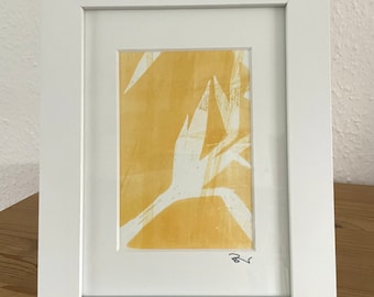 Plant print in ocher on paper with frame, original small art gift