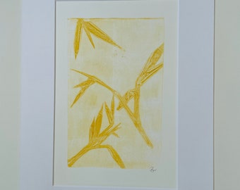 Plant print in ocher on paper with frame, original small art gift