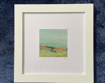 Abstract landscape on paper with frame, original small art gift, mixed media