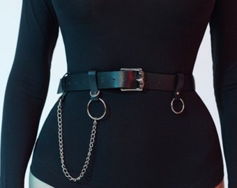 Chaîne de ceinture, chaîne de ceinture en cuir, ceinture de chaîne en cuir, chaîne de ceinture noire, harnais de taille, ceintures gothiques, ceinture punk pour femme, ceinture en cuir véritable