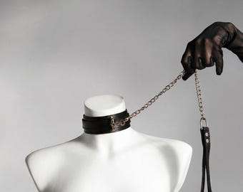 Collar and leash set for women,Leather collar with chain,Leather choker with leash, Leather collar and leash, Choker collar with leash