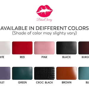May include: A chart displaying 10 leather colours. The colours are white, red, pink, black, burgundy, violet, green, croc black, brown, and blue.