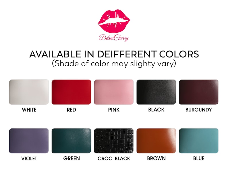 May include: A chart displaying 10 leather colours. The colours are white, red, pink, black, burgundy, violet, green, croc black, brown, and blue.