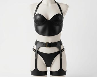 Black corset belt, Leather lingerie, Leather overbust corset, Leather corset top, Harness corset, Leather bustier top, Leather corset bra