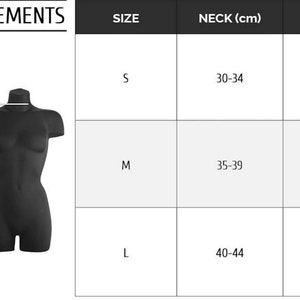 May include: Neck measurement chart for clothing sizes. The chart shows neck sizes in inches and centimetres for sizes S, M, and L.
