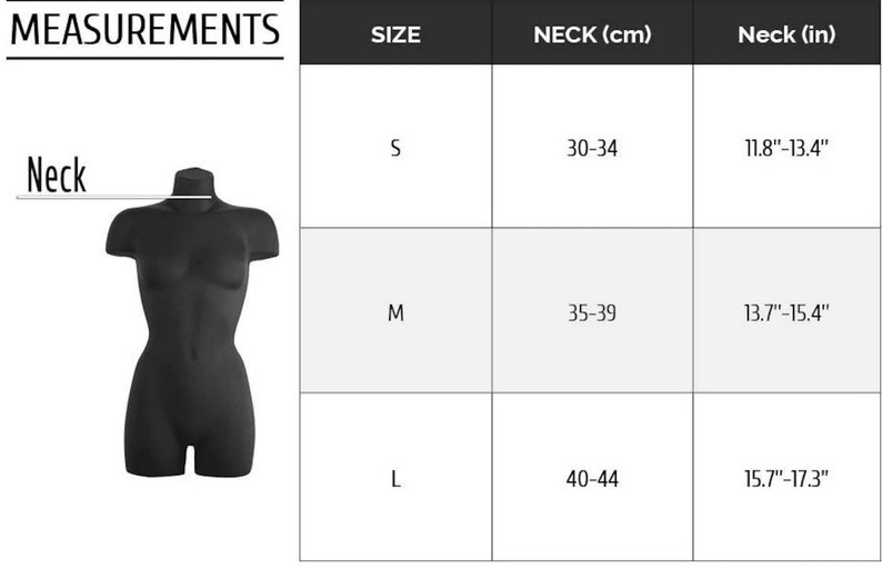 May include: Neck measurement chart for clothing sizes. The chart shows neck sizes in inches and centimetres for sizes S, M, and L.