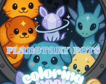 May include: A vibrant illustration for a colouring book titled "Planetary Pets." The image features cartoon animals, including cats, dogs, and rabbits, with a space theme. The animals are in shades of orange, blue, and purple, with stars and planets.