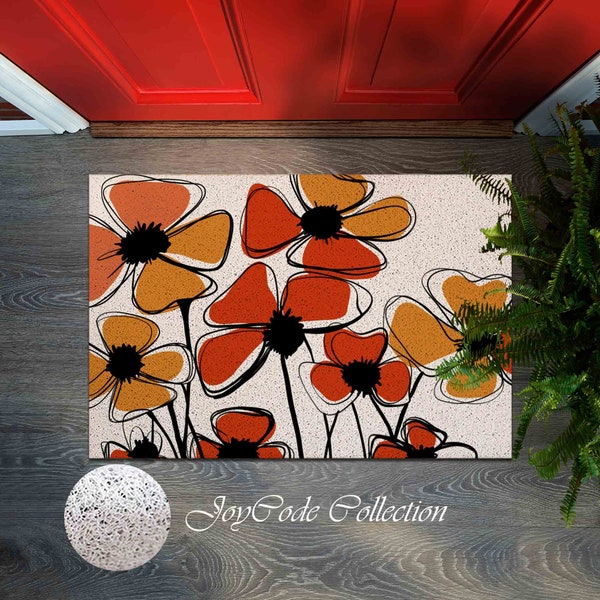 Paillasson artistique au trait fleur rouge, paillasson floral, tapis d'entrée extérieur antidérapant en PVC, paillasson artistique pour entrée de maison