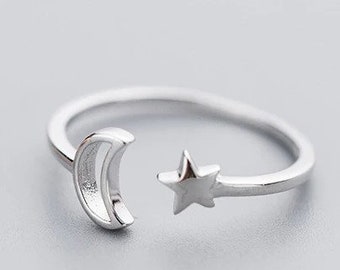 Adjustable Star Moon Ring | Moon Ring | Star Ring | Sterling Silver | Ring for her | Fits any Size | Gifts for her|