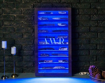 Knife display case with led, Pocket knife display shelf, Knife light shelf, Knife holder for wall, Knife storage, Knife organizer