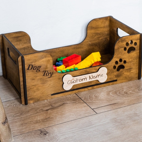 Rangement personnalisé de jouets pour chien, Boîte à jouets en bois pour chien, Rangement de jouets pour animal de compagnie, Panier à jouets pour chien avec nom, Caisse à jouets pour chien, Corbeille à jouets personnalisée pour chien