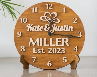 Personalized wedding clock, New Family name clock, Wedding wall clock, Custom engraved clock, Wedding gift clock, Unique wall clocks