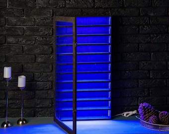 Wood shelf with light, Display shelf with glass doors, Wall shelf led, Shelf with neon, Wood display shelf, Display shelf for collectables