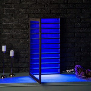 Wood shelf with light, Display shelf with glass doors, Wall shelf led, Shelf with neon, Wood display shelf, Display shelf for collectables