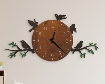 Birds family wall clock, Nature wall clock, Animal wall clock, Wall clock unique with numbers, Wall clock kids room, Farmhouse wall clock