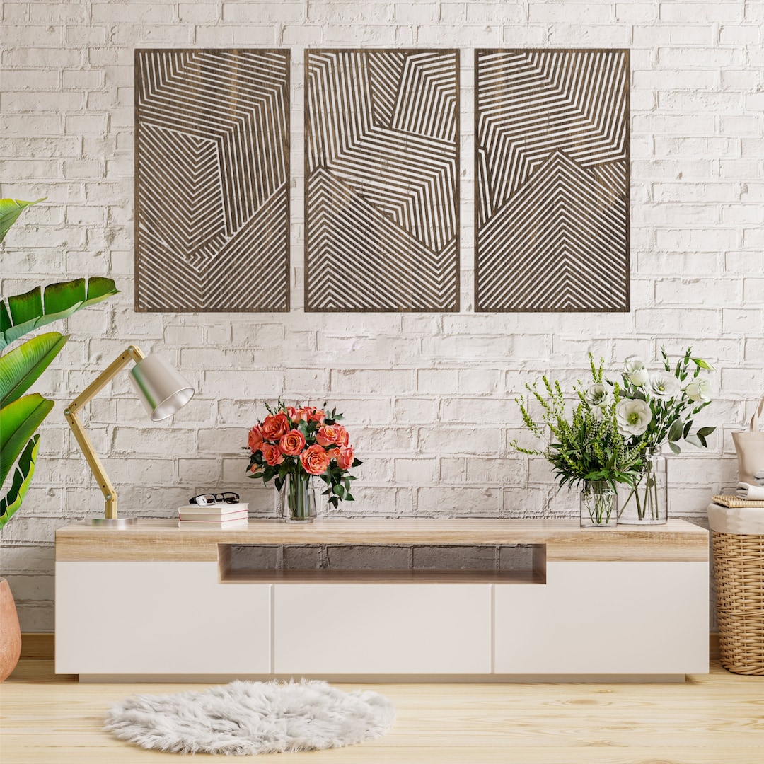 Geometric Wood Wall Art 3 Piece, Abstract Wall Art Set of 3, Geometric