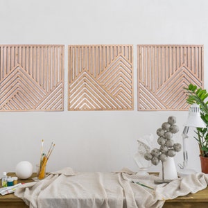 3 panel wall art mountains, Mountains art set of 3, Mountains wall art wood, Geometric wood wall art set, Rustic mountain wood art