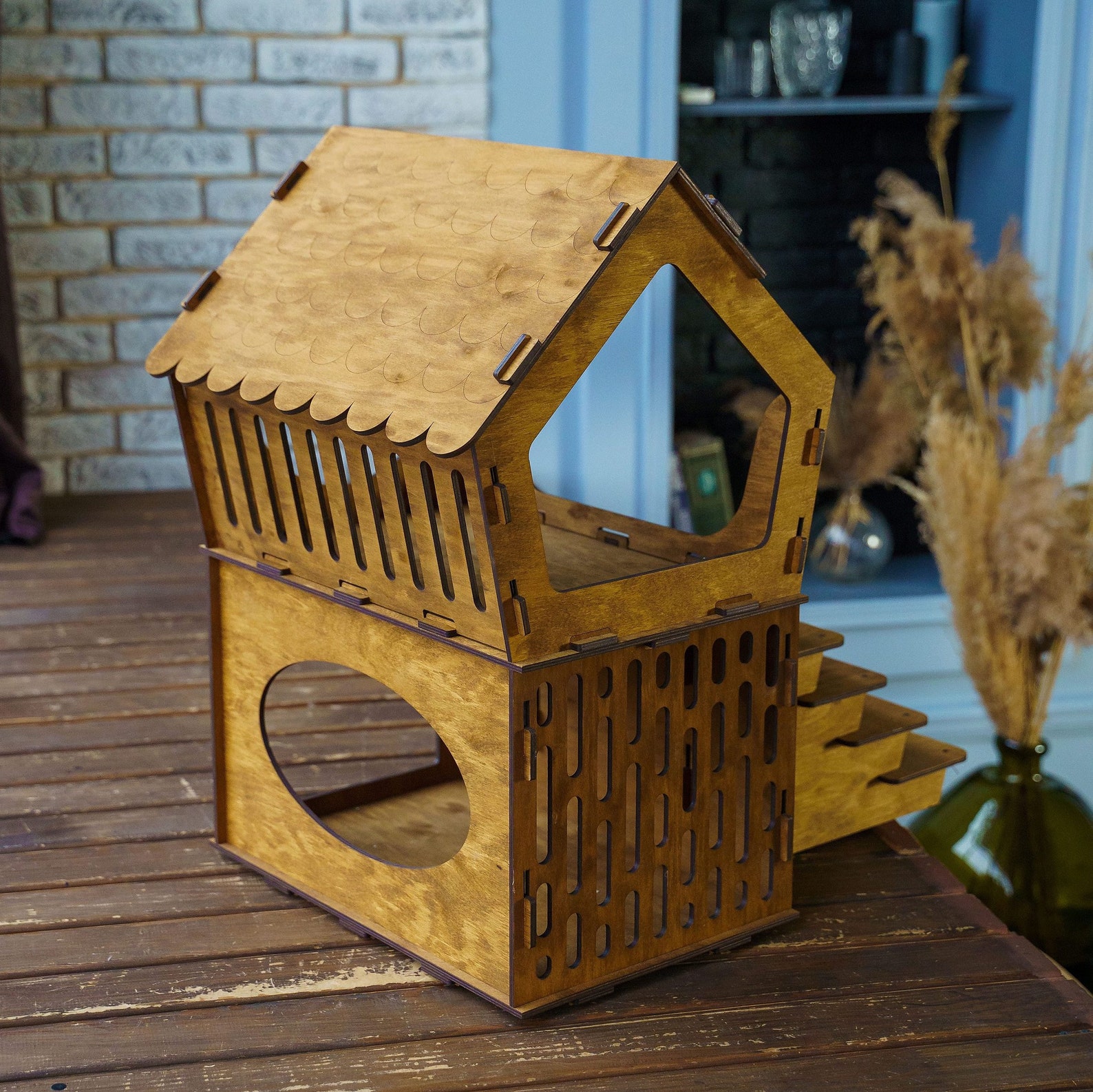 Wooden Cat House Indoor Cat House With Stairs Cat House Etsy