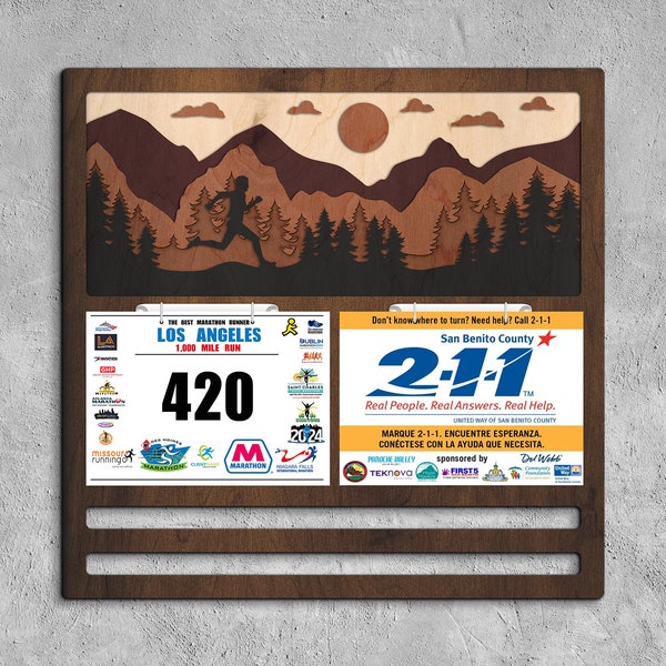 Race medal and bib display, Medal holder for runners, Medal display rack mountain,Marathon medal hanger,Medal holder wood,Running bib holder