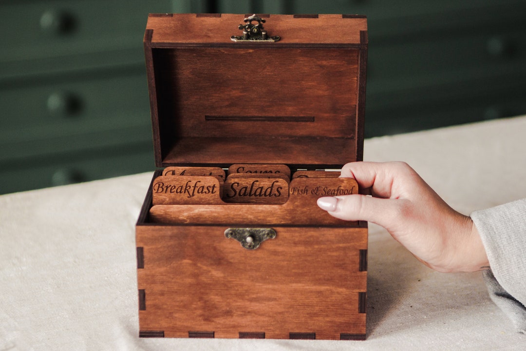 Wooden Recipe Box With Dividers, Recipe Box and Cards, Recipe Box