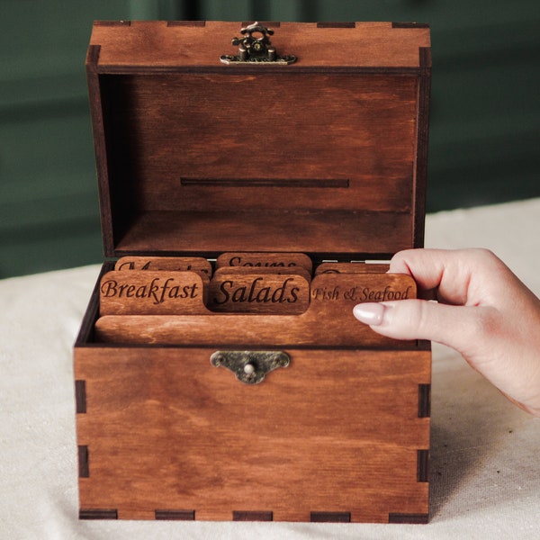 Wooden recipe box with dividers, Recipe box and cards, Recipe box personalized, Engraved recipe box wood, Custom recipe box with dividers