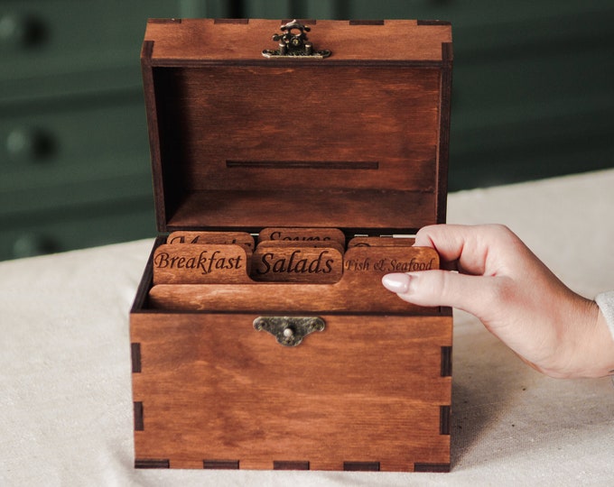 Wooden recipe box with dividers, Recipe box and cards, Recipe box personalized, Engraved recipe box wood, Custom recipe box with dividers