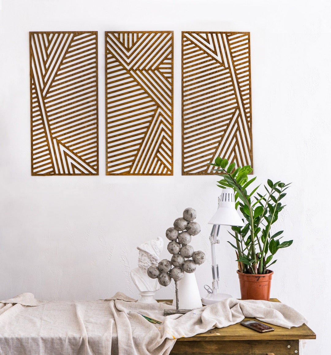 Geometric Wood Wall Art Set, Abstract Wall Art Set of 3, Abstract Wooden Wall Art, 3 Panel Wall