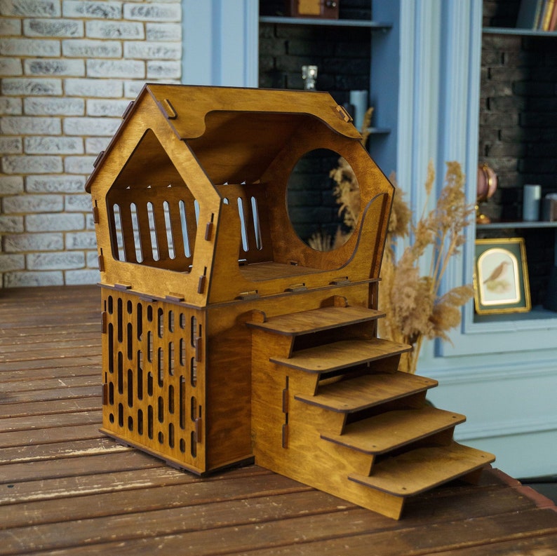 Wooden Cat House Indoor Cat House With Stairs Cat House Etsy