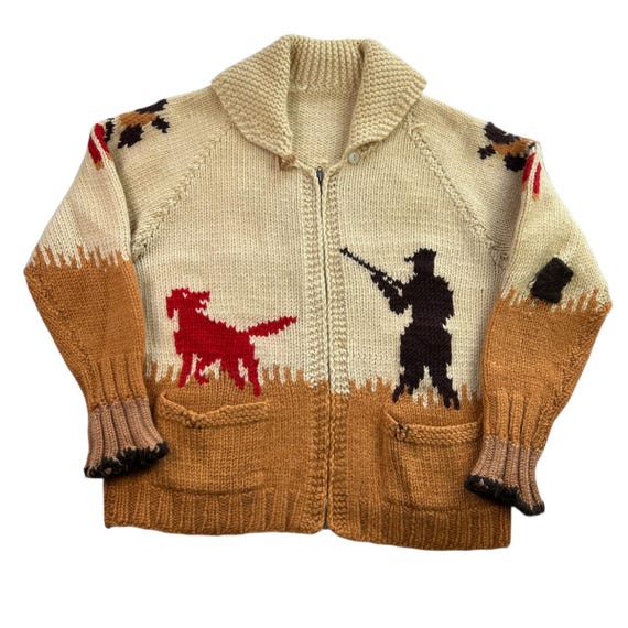 Vintage 1960s Mary Maxim Hunter Cowichan Knit Sweater Size XL