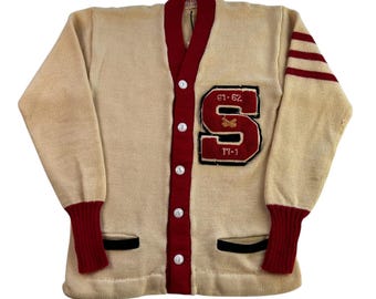 Suéter tipo cárdigan de hockey de lana de Bucky Warren, estilo Letterman, de los años 60
