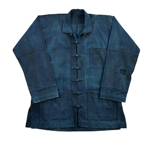 Vintage 1950s-60s Indigo Blue Mandarin Collar Style Chinese Traditional Workwear Tang Jacket