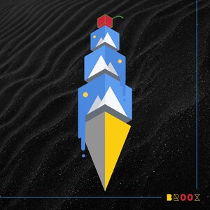 May include: A blue and white geometric design with a yellow and gray base. The design resembles a mountain range with a red cherry on top.