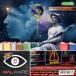 Puede incluir: Un collage de arte digital con una cara azul y blanca, un rayo láser verde, un globo terráqueo, una estatua de un hombre con una lanza, una pila de libros, un ojo negro con una abeja y un despertador, una señal de advertencia roja con la palabra "MALWARE" y un teatro con asientos rojos.