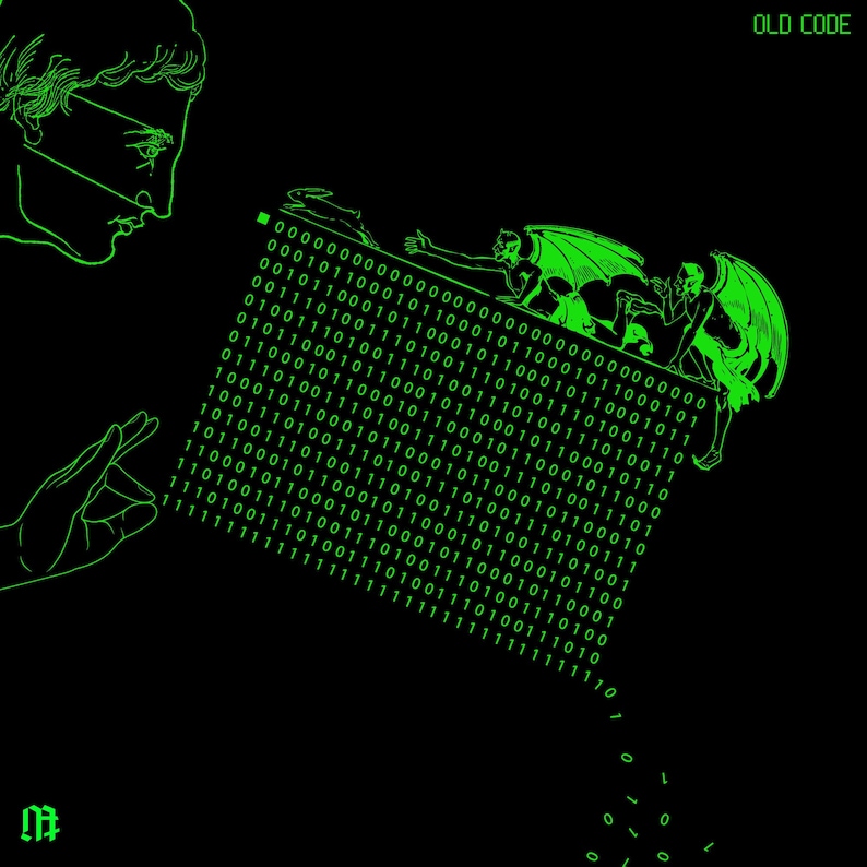 Puede incluir: Un patr&oacute;n de c&oacute;digo digital verde con una l&iacute;nea de c&oacute;digo binario y dos demonios verdes con alas. El patr&oacute;n de c&oacute;digo est&aacute; siendo visto por una persona con una mano que se extiende para tocar el c&oacute;digo.