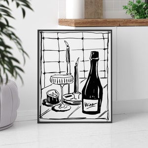 Handgetekende wijnkunst, wijnprint, barwagen kunst printables, esthetische bar decor, eetkamer decor, afdrukbare wijn kunst, digitale download