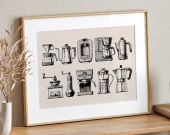 Coffee Machines Poster, Coffee Print, Coffee Bar Decor, Aesthetic Bar Decor, Kitchen Wall Decor, Printable Coffee Art, Digital Download
