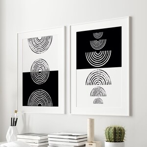 抽象的な幾何学模様のプリント2枚セット、白黒ウォールアート、ボヘミアン風ウォールデコレーション、プリント可能なウォールアート、トレンディなボヘミアン風ウォールアート、デジタルダウンロードポスター