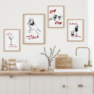 Bar Art Gallery muur set van 4, wijn martini cocktail prints, bar winkelwagen kunst printables, esthetische bar decor, eetkamer decor, afdrukbare wijn