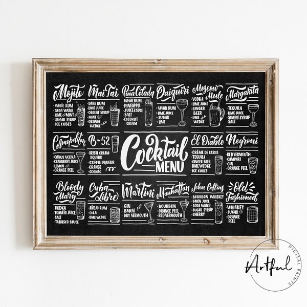 Blackboard Cocktail Menu Print, Bar Cart Art Printables, Aesthetic Bar Decor, Alcohol Print, Printable Wine Art, Instant Digital Download