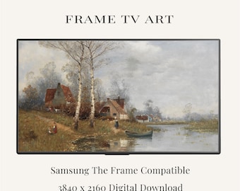 Vintage Cottage Frame TV Art | Riverside Village Painting | European Countryside Samsung Frame TV Art | Rustic Farmhouse Download